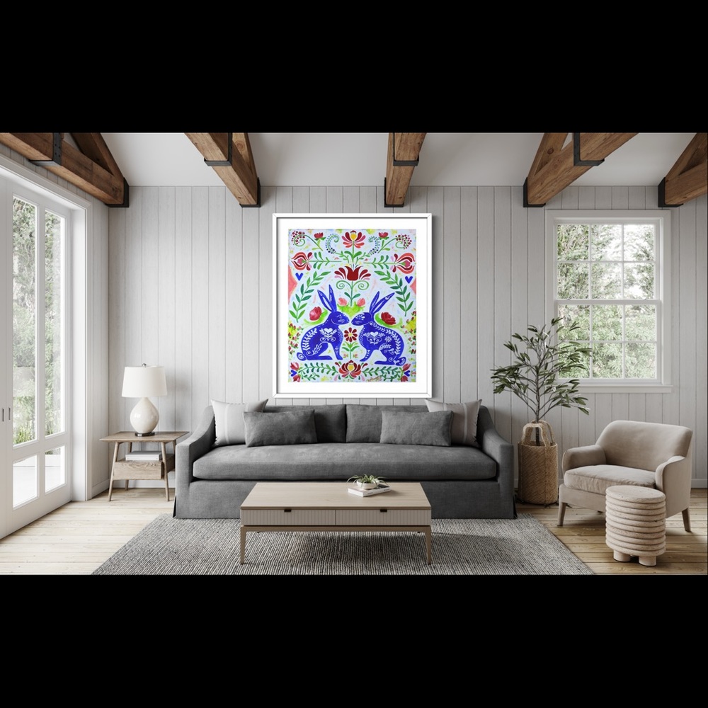 Scandinavian Rabbits Giclée Folk Art Print of Oil Painting Whimsical Rosemaling - Picture 5 of 9